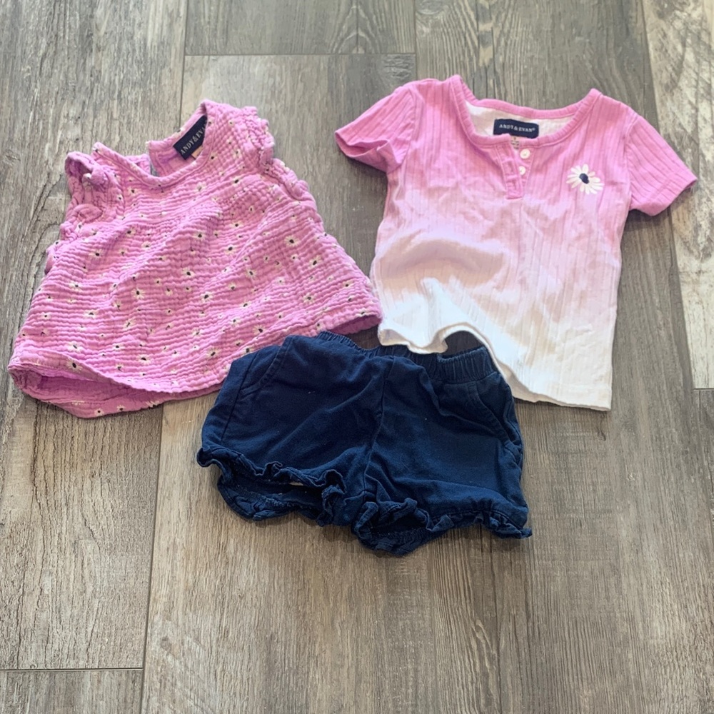 Andy & Evan Pink and White Baby Outfit Set with Navy Shorts